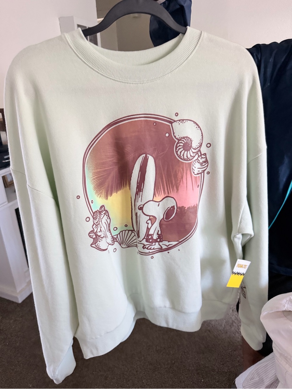 Women Crewneck Sweatshirt with Snoopy Surf Graphic - Light Mint
